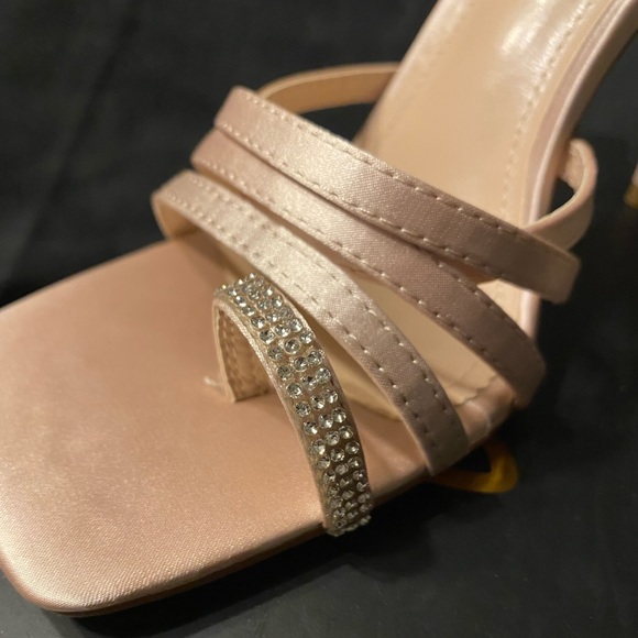 *NEW!* Lulus Juen Light Nude Satin Rhinestone High Heel Slide Sandals - Picture 2 of 6